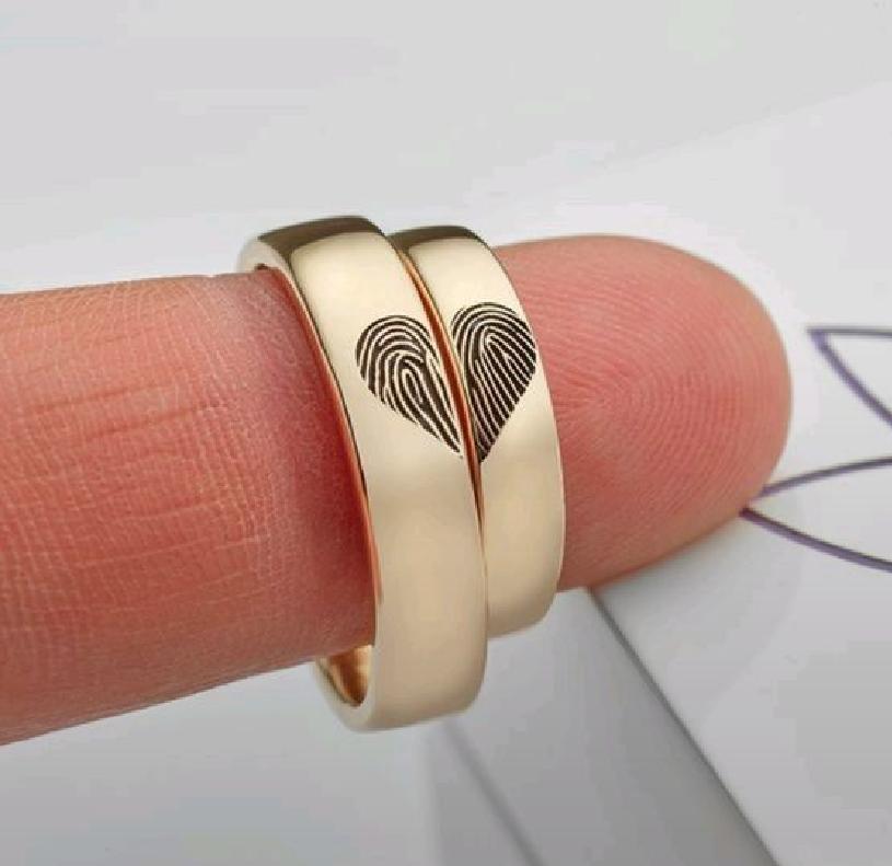 Fingerprint Heart Couples Ring Set 925 Pure Silver