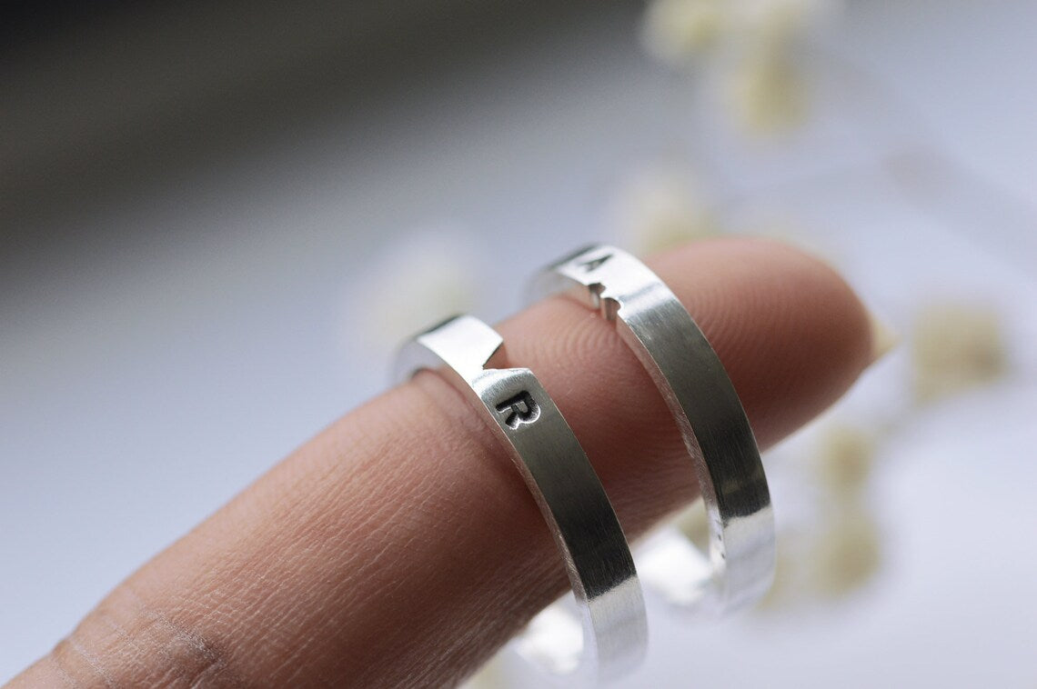 Couples Initial Letter Matching Heart Silver Ring Set