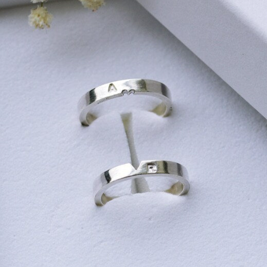 Couples Initial Letter Matching Heart Silver Ring Set