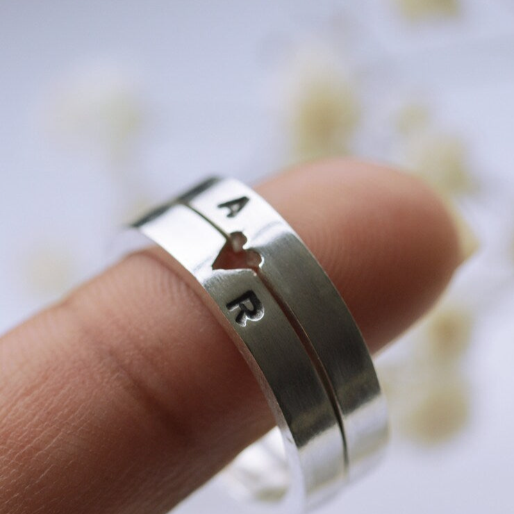 Couples Initial Letter Matching Heart Silver Ring Set