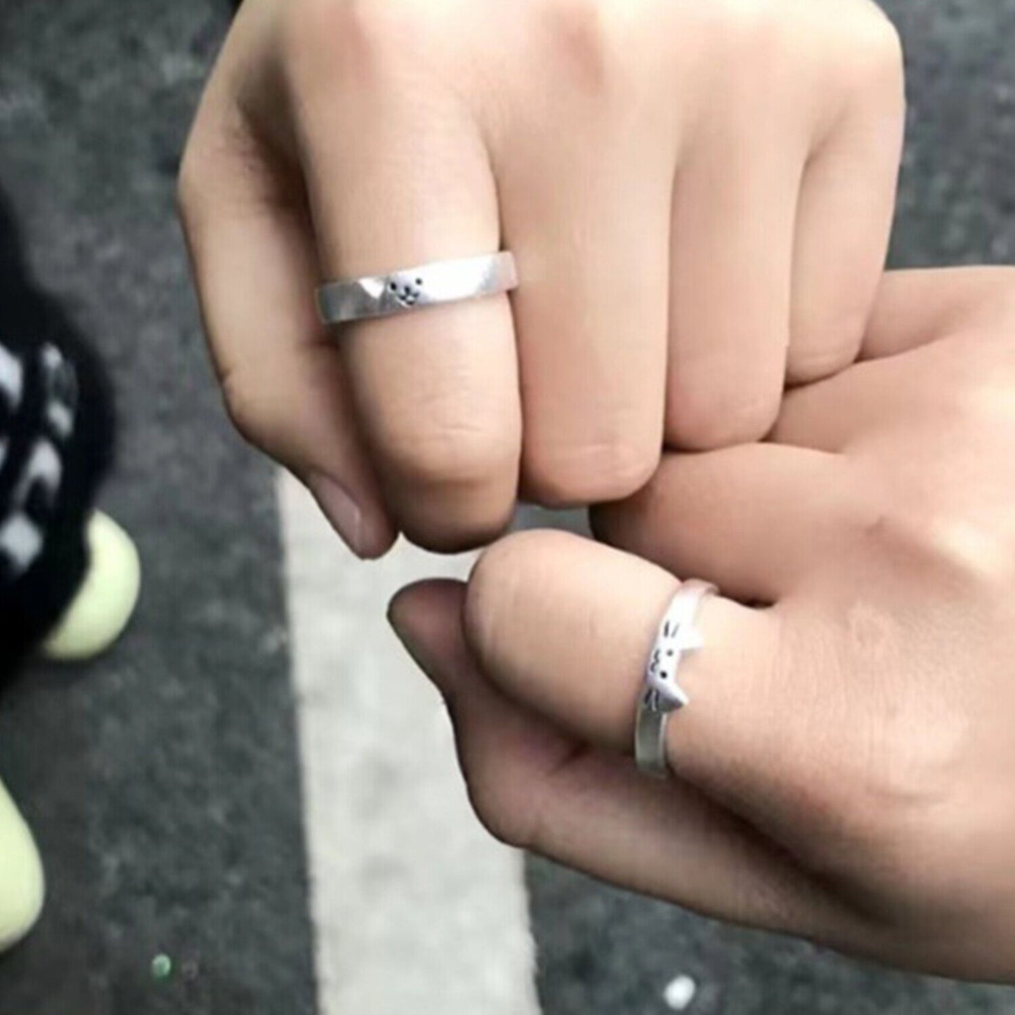 Cute Puppy & Kitten Couples Matching Ring Set