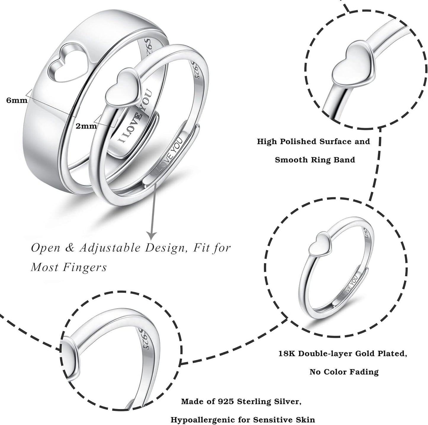 Silver Couples Heart Matching Ring Set