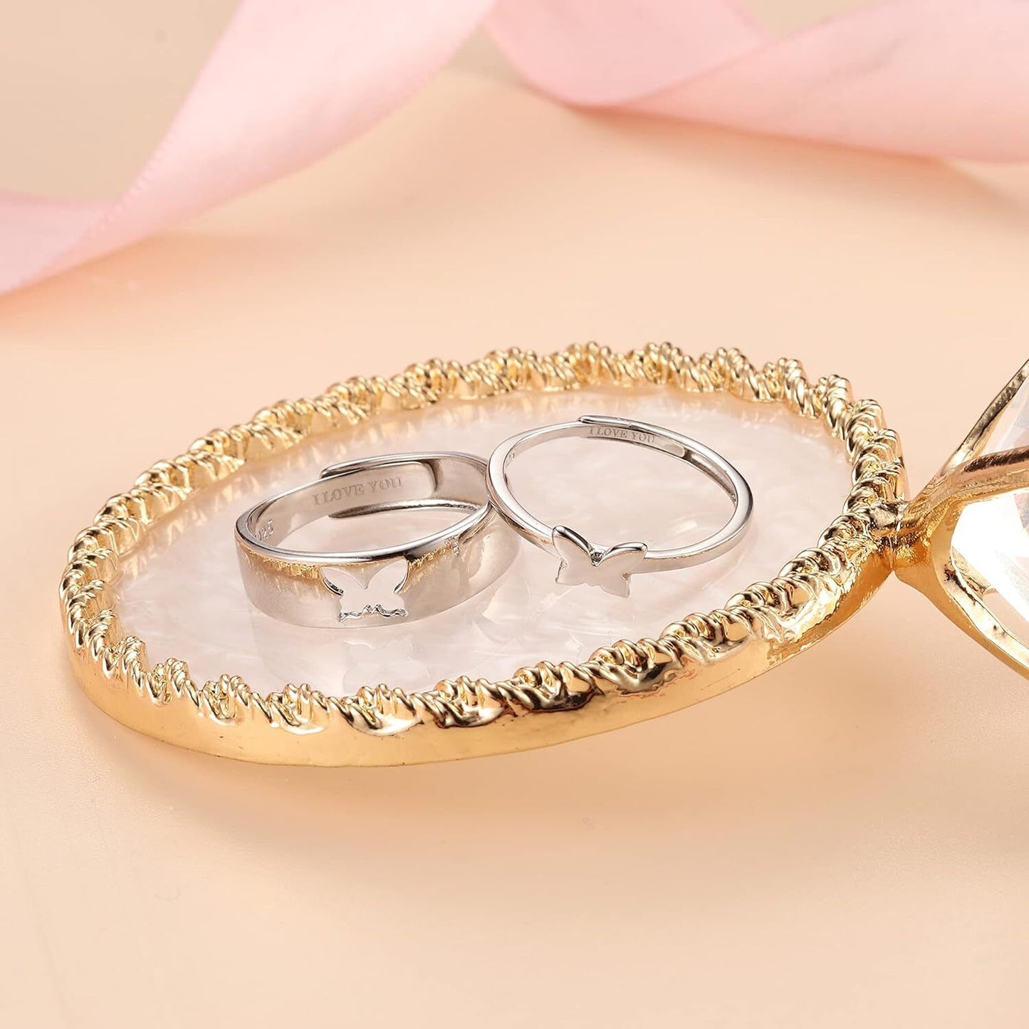 Silver Butterfly Couples Ring Set