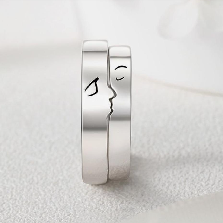 Kiss Me Couples Matching Silver Ring Set