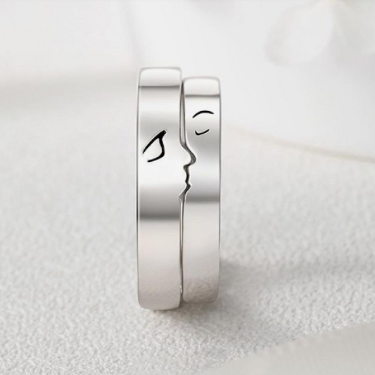 Kiss Me Couples Matching Silver Ring Set