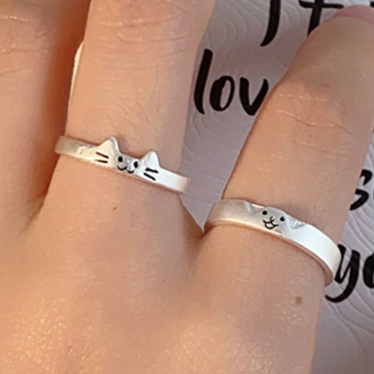 Cute Puppy & Kitten Couples Matching Ring Set