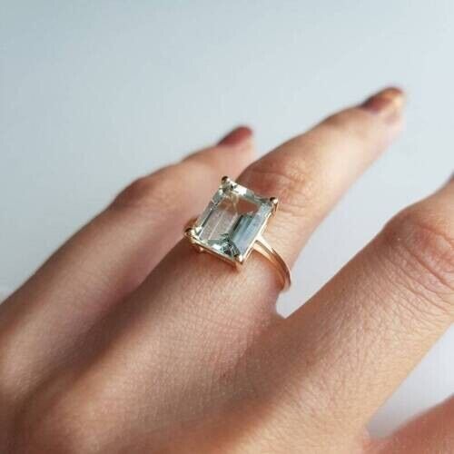 Emerald Cut Blue Aquamarine Ring