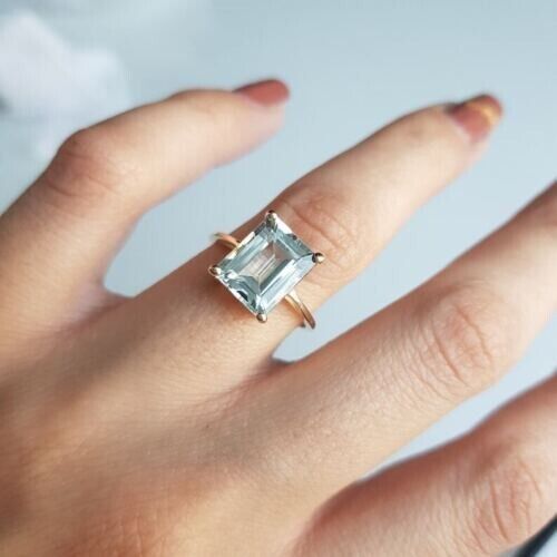 Emerald Cut Blue Aquamarine Ring