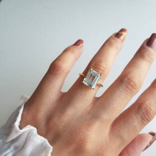 Emerald Cut Blue Aquamarine Ring