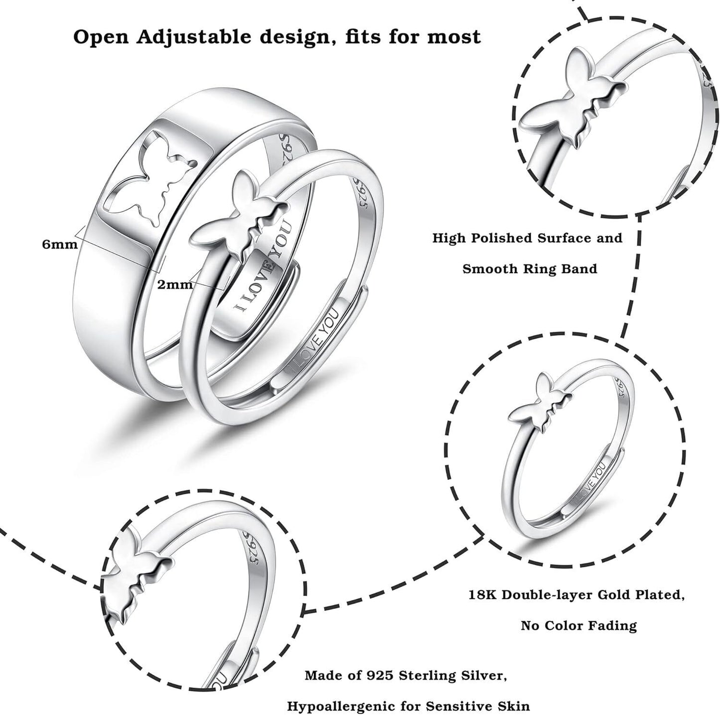 Silver Butterfly Couples Ring Set